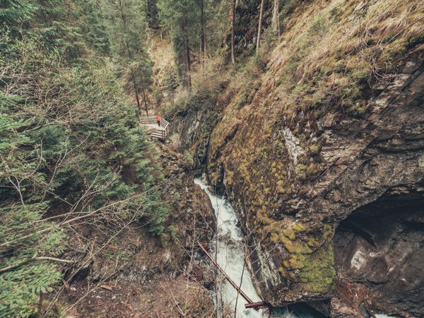 Traveller admiring picturesque view of mountain stream