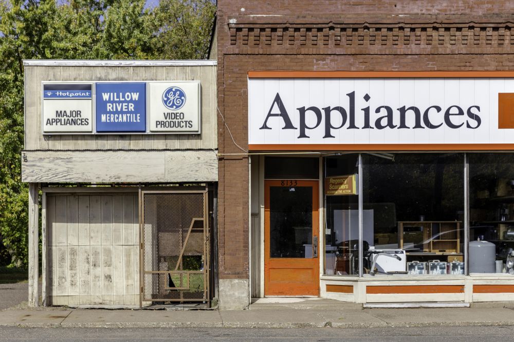 Willow River Mercantile and Appliances signs on buildings in Willow River, Minnesota