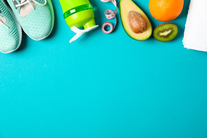 Flat lay composition with loss weigh accessories on color background