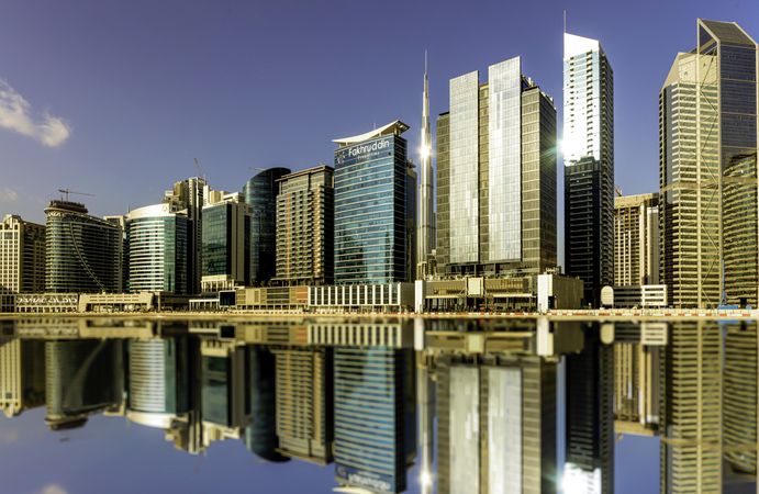 Cityscape of skyscrapers across the coast in Dubai, UAE