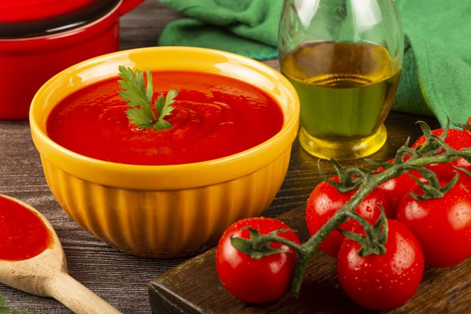 Delicious homemade tomato soup in bowl.