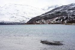 Amazing nordic seascape with mountains and village