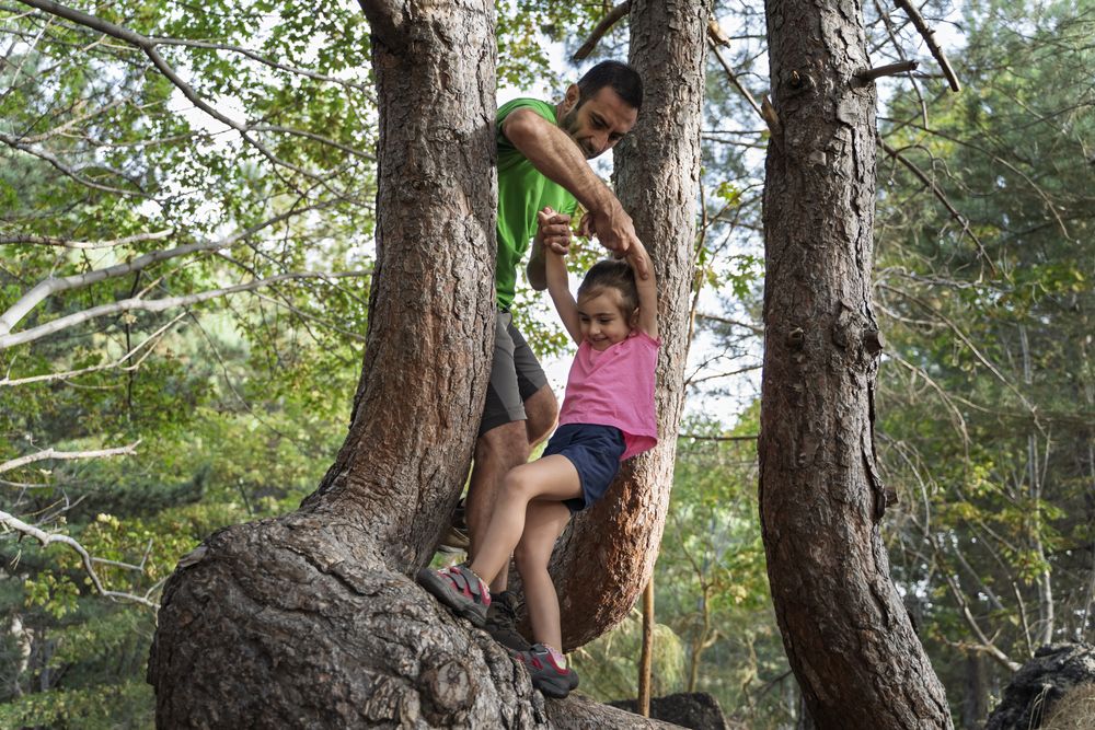 Father helping daughter climb tree during outdoor forest adventure