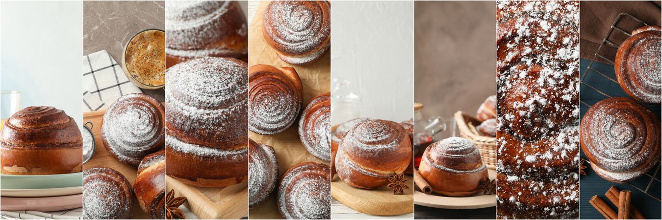 Food collage of tasty cinnamon rolls with powdered sugar. Delicious dessert