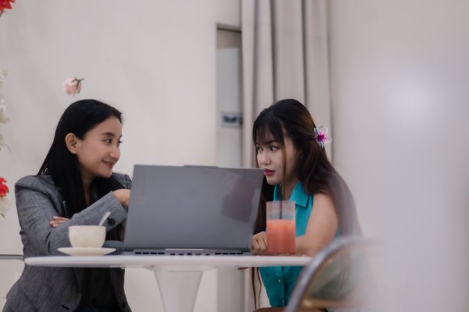 Collaborative Cafe, Two Women Working Together on a Laptop