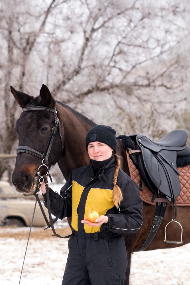 Person feeding apple to horse in snowy setting.