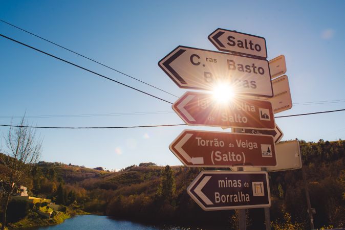 Signpost near river in countryside