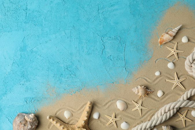 Starfishes, seashells, rope and sea sand on blue background, space for text