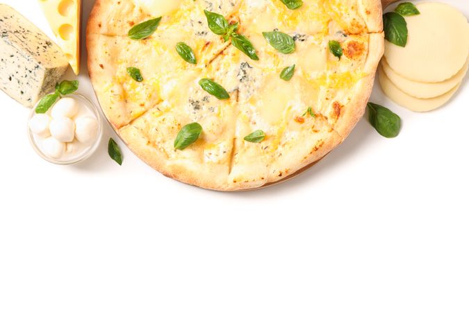 Tasty cheese pizza and ingredients isolated on plain background, top view