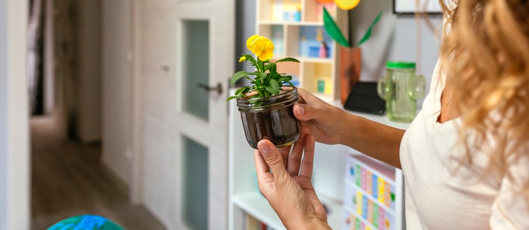 Woman holding a pansy plant inside of glass pot in ecology classroom