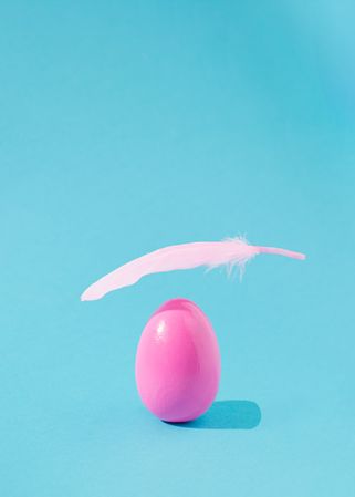Egg on blue background with feather