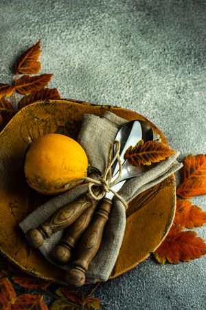 Ceramic plate in autumnal table setting with gourds and leaves