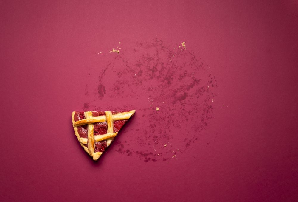 Slice of raspberry pie. Last piece of pie. Eaten raspberry cake