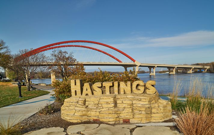 Rock carving of the city name along the RiverWalk past the Mississippi River in Hastings, Minnesota
