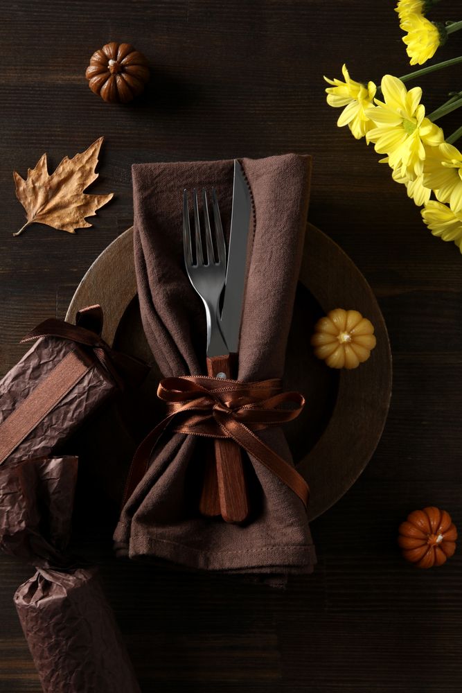 Concept of Thanksgiving day, Autumn table setting, top view