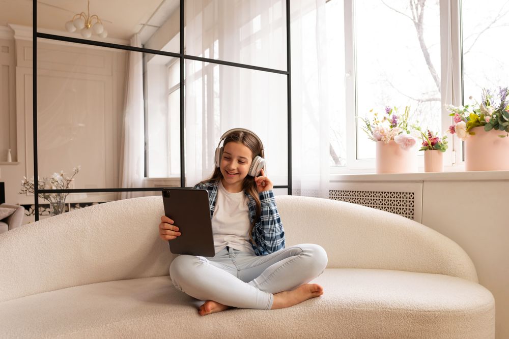 Teen girl enjoying tablet and headphones comfortably at home.