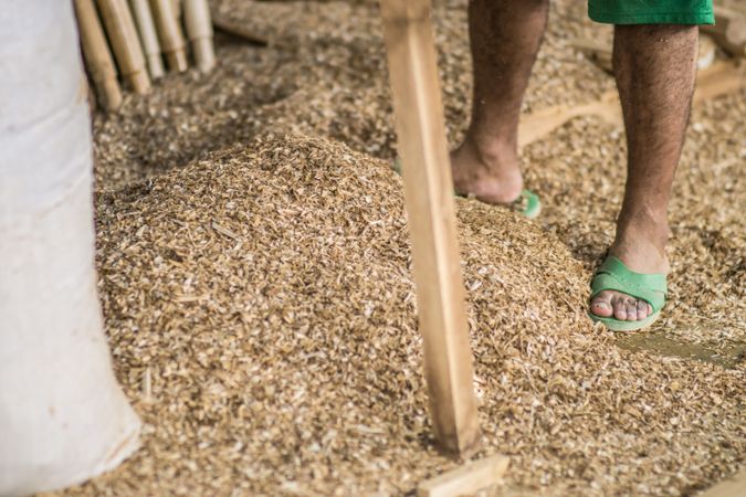 Heap of sawdust near man at workplace