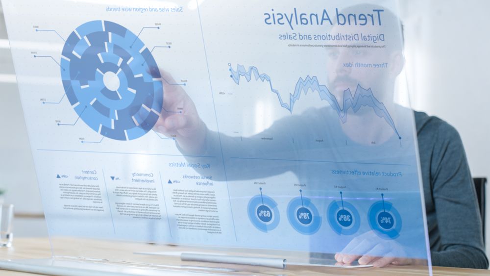 In the Near Future Successful Trader Using Computer with Transparent Display that Shows Interactive Line