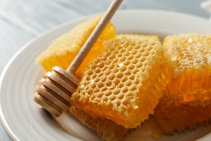 Plate with dipper and honeycombs on wooden background, close up