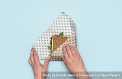 Wrapping sandwich in a beeswax cloth, top view 0Vrm30