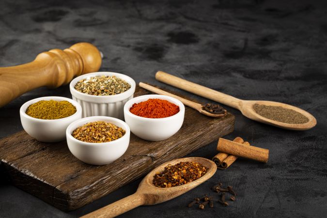 Variety of spices and seasonings on the table.