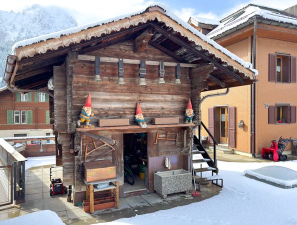 Garden gnomes on wooden shed in the scenic Alps