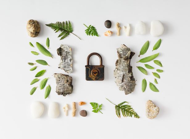 Layout made of leaves, stones, and tree bark on light background with lock