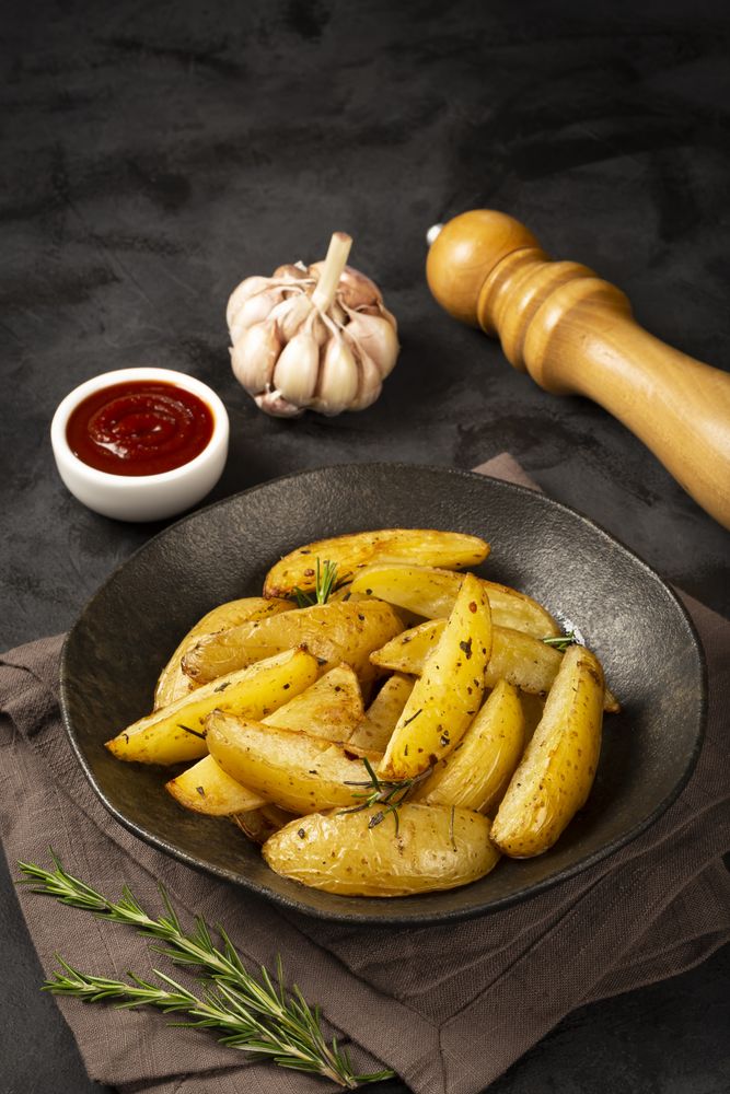 Roasted potatoes with rosemary on the plate.