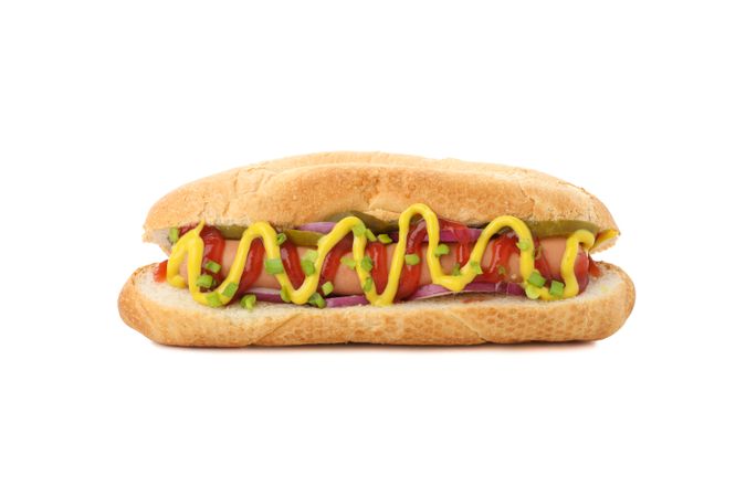 Tasty hot dog isolated on plain background