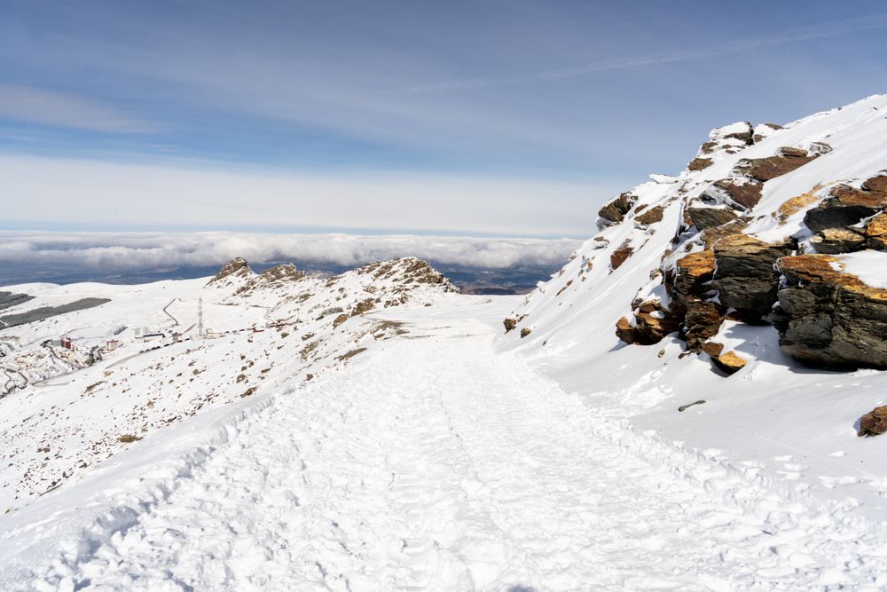 Ski resort road of Sierra Nevada in winter, full of snow