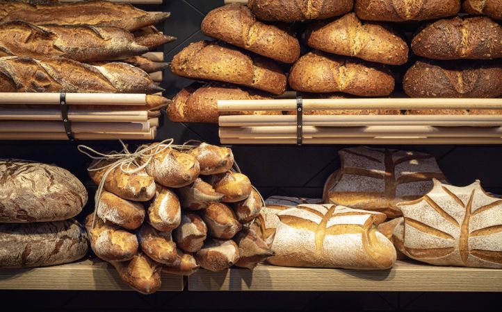 Bread assortment on bakery shelves