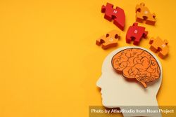 Paper cut out of head with brain & puzzle pieces on orange background, copy space 49zlWb