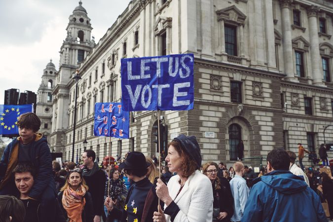 London, England, United Kingdom - March 23rd, 2019: Group of people at a Brexit protest with signs