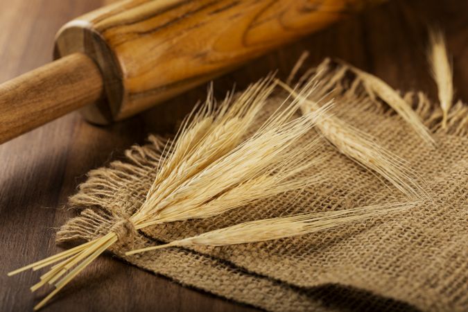 Ears of wheat on wooden background.