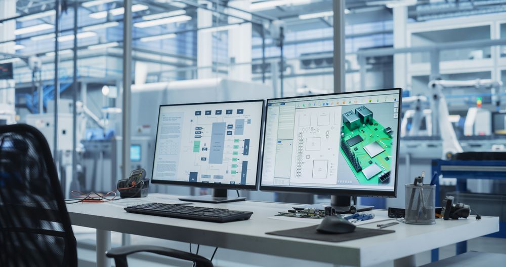 Empty Workplace With Computer Monitor Display with 3D CAD Software Interface with Digital Electronic Diagram of a Circuit Motherboard Being Designed. Modern Factory Engineer's Office Concept.