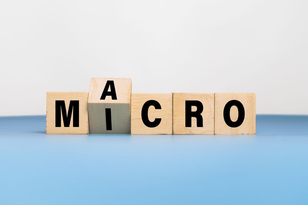 flip wooden blocks with macro and micro words text on blue background