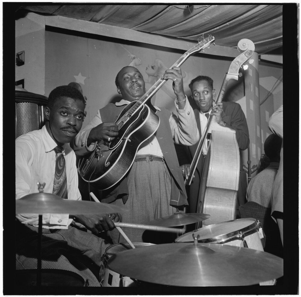 New York City, New York, USA - 1946/1948: Portrait of Denzil Best, Al Casey, and John (O.) Levy