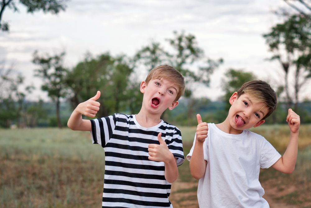 Two little brothers walking in countryside