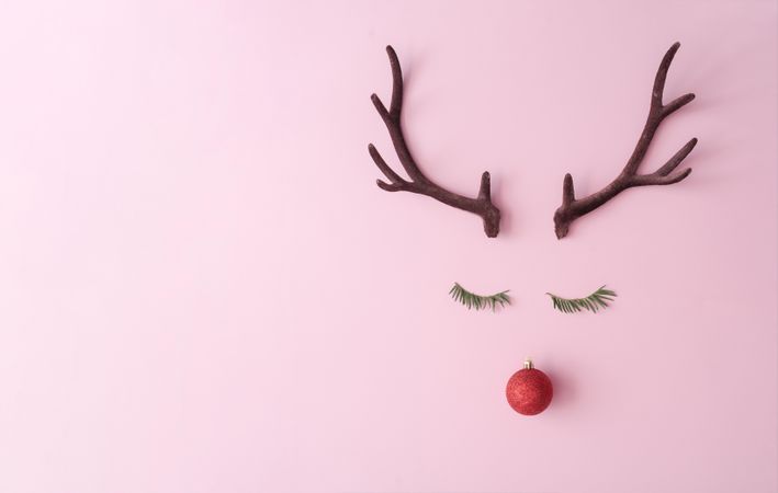 Reindeer face made of evergreen fir eyelashes, red bauble decoration and antlers on pink background