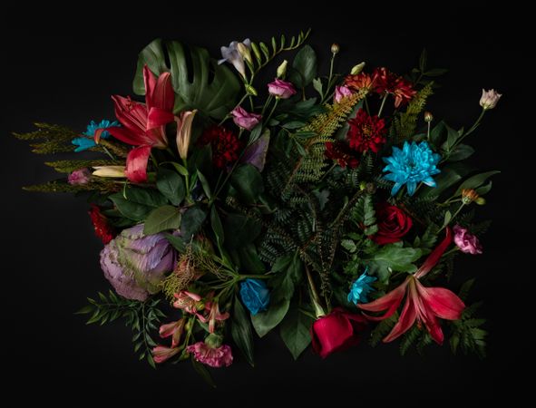 Colorful spring flowers of red, blue, pink, cream on dark background