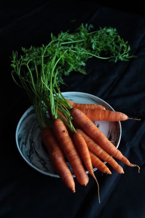 Ripe orange carrots with tops on plate