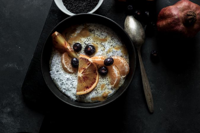 Chia seeds pudding with citrus in bowl
