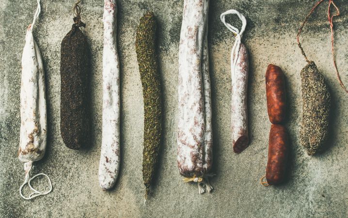 Variety of Spanish or Italian cured meat sausages