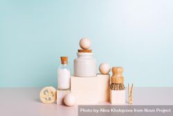 Natural self care products stacked up with blue backdrop bGDdx0