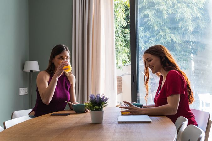 Cheerful women having lunch together in modern apartment