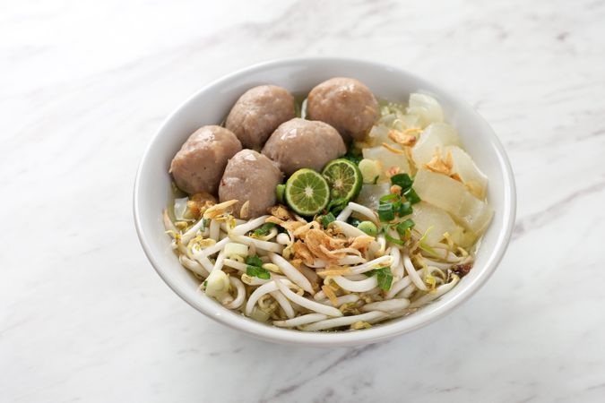 Mie Kocok Baso Bandung. Traditional Sundanese Dish of Beef Noodle Soup with Meatball and Bean Sprout