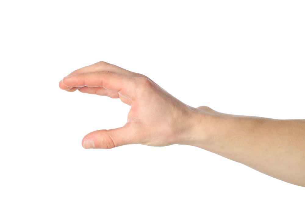 Male hand holding something, isolated on blank background