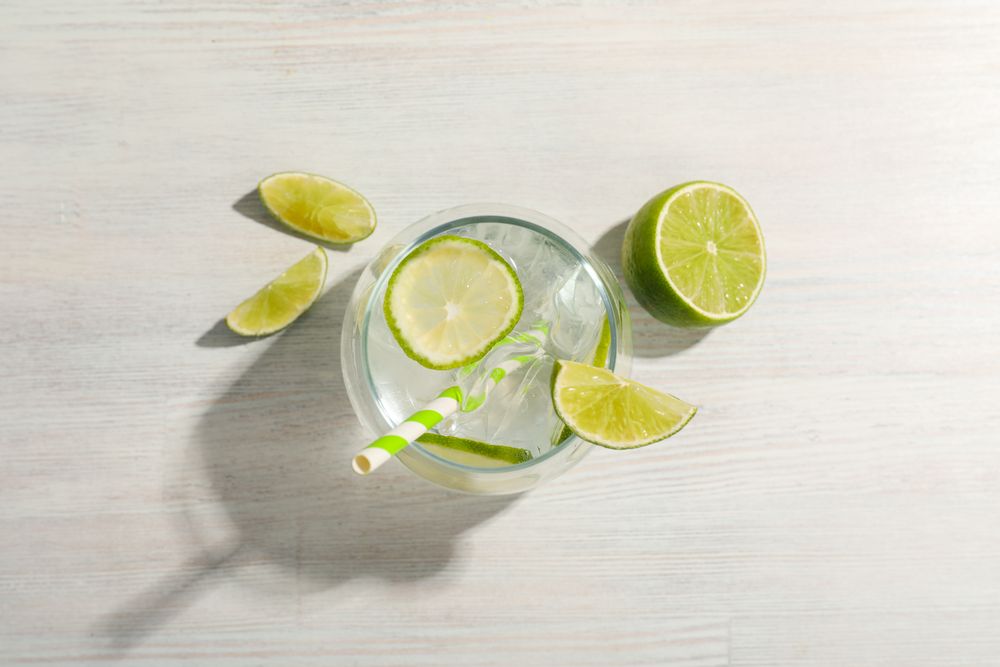 Glass of mojito, delicious fresh summer cocktail, top view