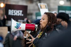 Washington DC, USA - January 27, 2017: April Goggans speaking at rally against Trump’s Muslim Ban