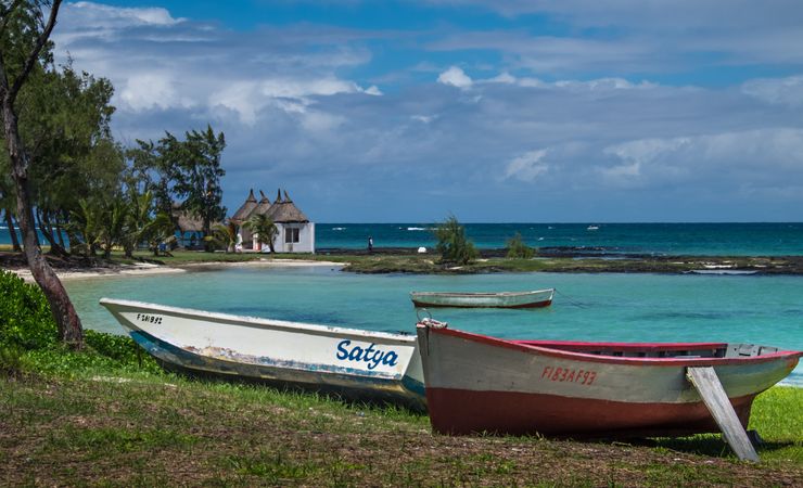 Boats parked in beautiful lagoon in the Indian Ocean
